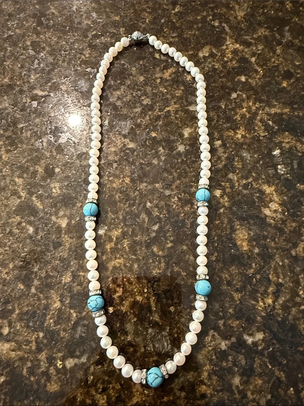 Classic White Pearl and Turquoise Bead Necklace - Women's Jewelry